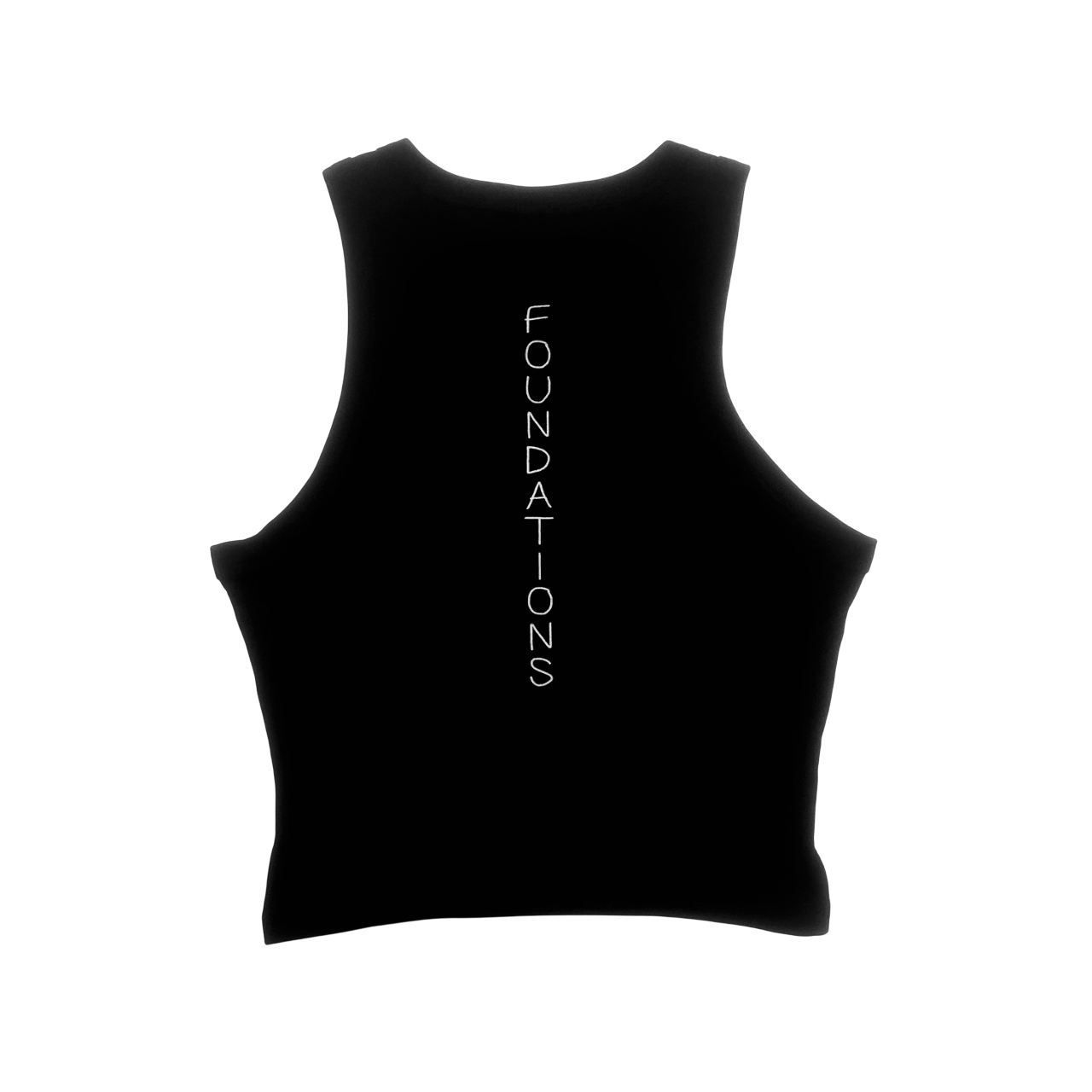 back view of black baby tee with white 'FOUNDATIONS' spine print
