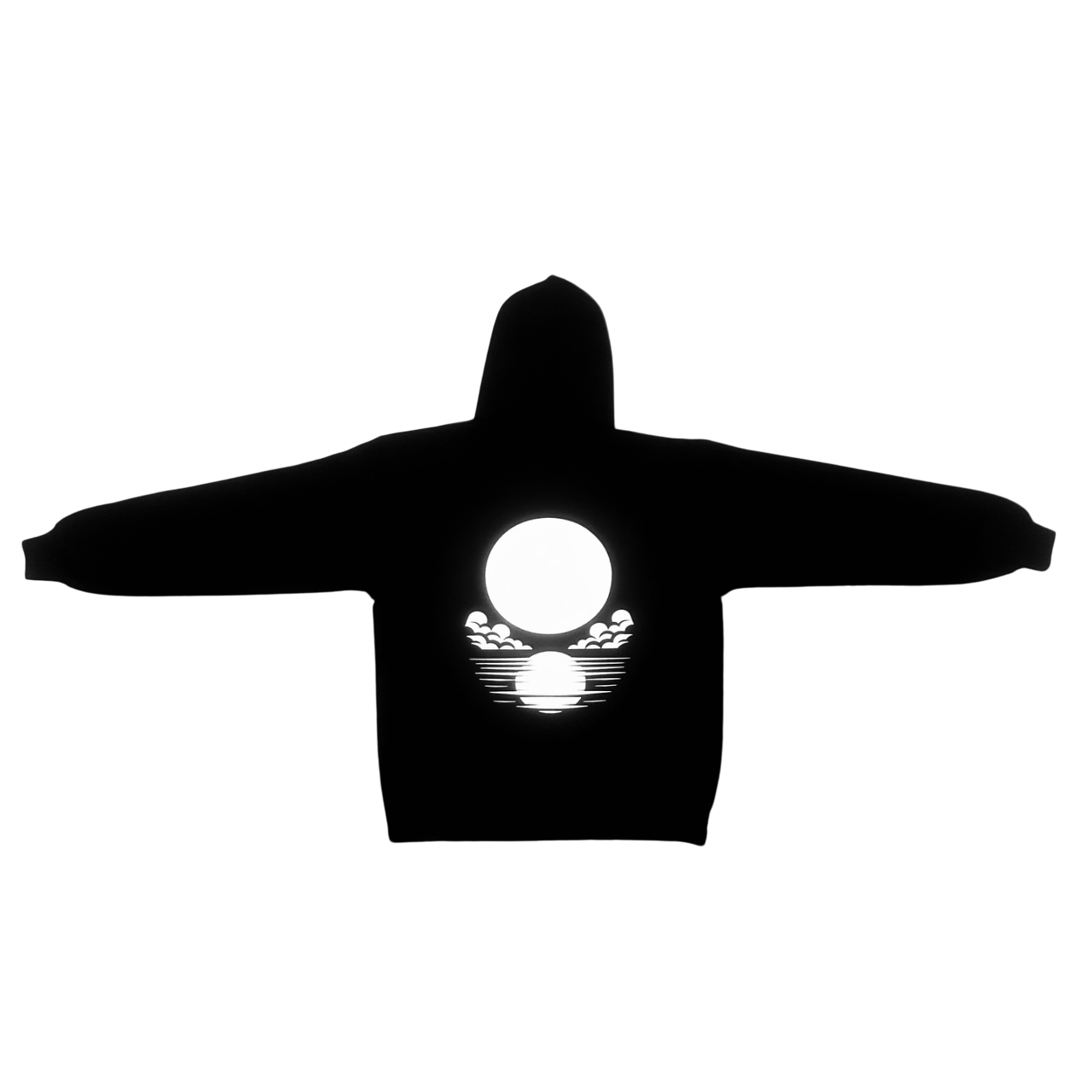 back view of black hoodie with large white lortixa moon logo