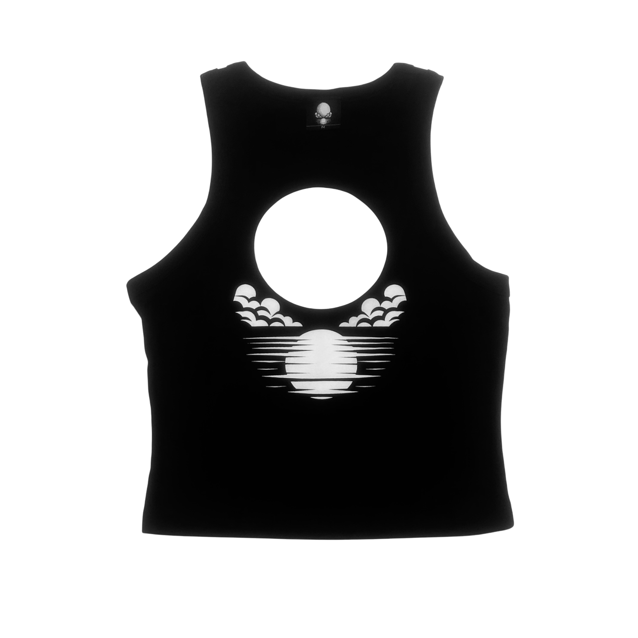 front view of black baby tee with lortixa white moon logo