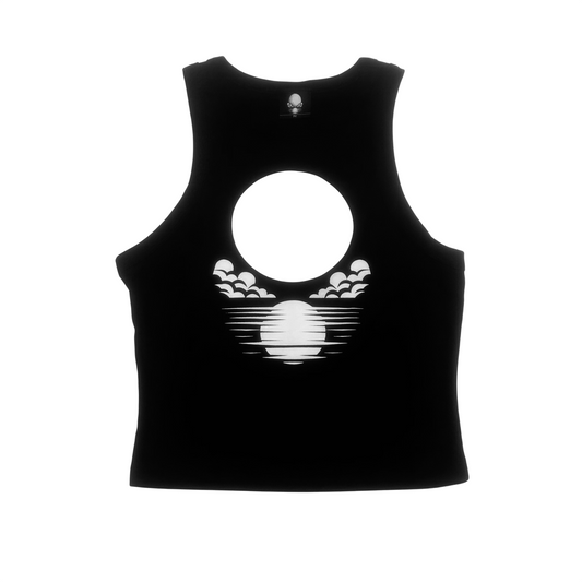 front view of black baby tee with lortixa white moon logo