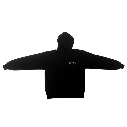 front view of black hoodie with white lortixa text