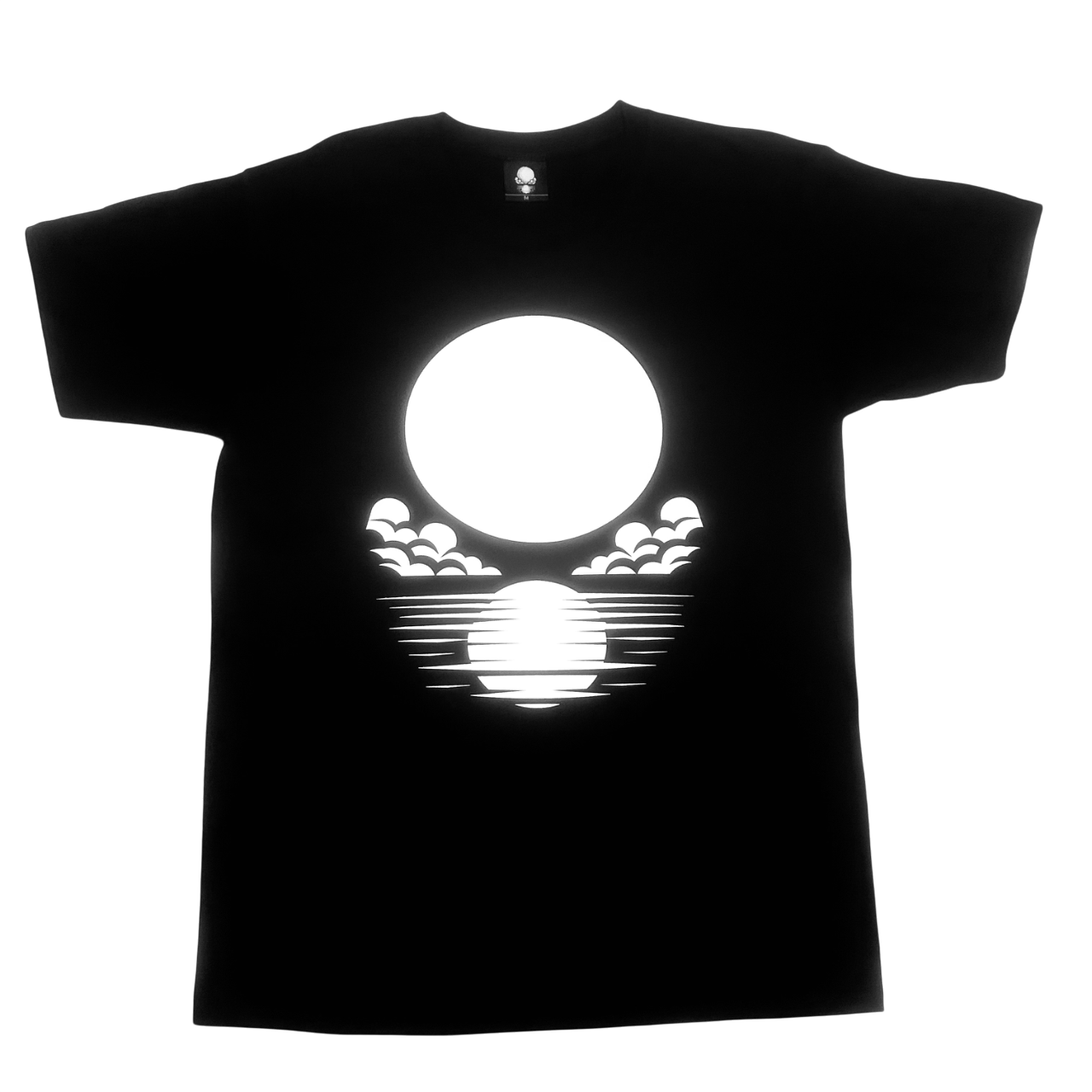 front view of black lortixa t-shirt with white moon print design