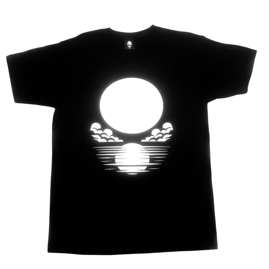 front view of black lortixa t-shirt with white moon print design