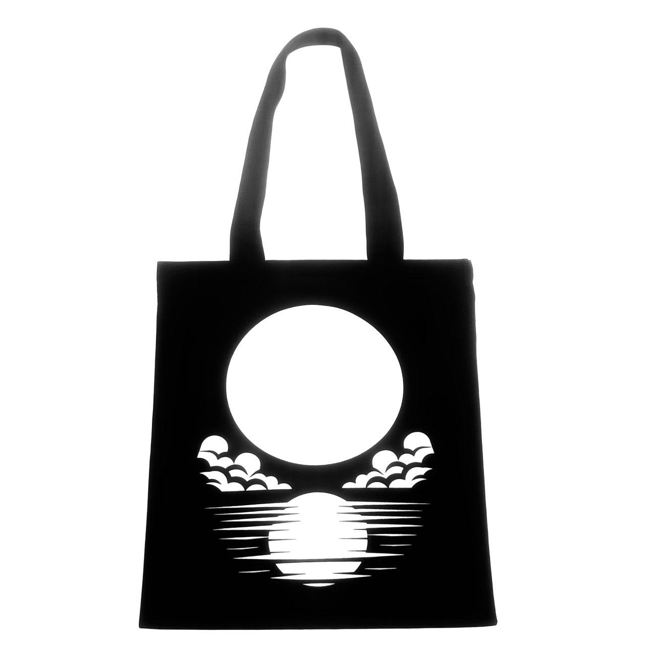 Black tote bag with white moon logo and waves print.
