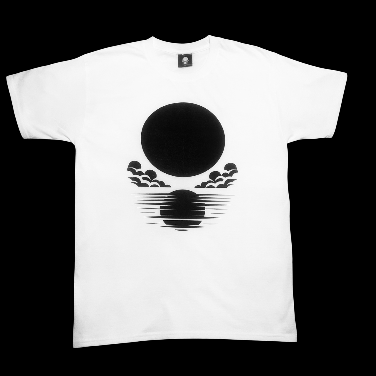 front view of white lortixa t-shirt with black graphic moon print