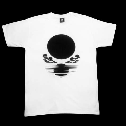 front view of white lortixa t-shirt with black graphic moon print